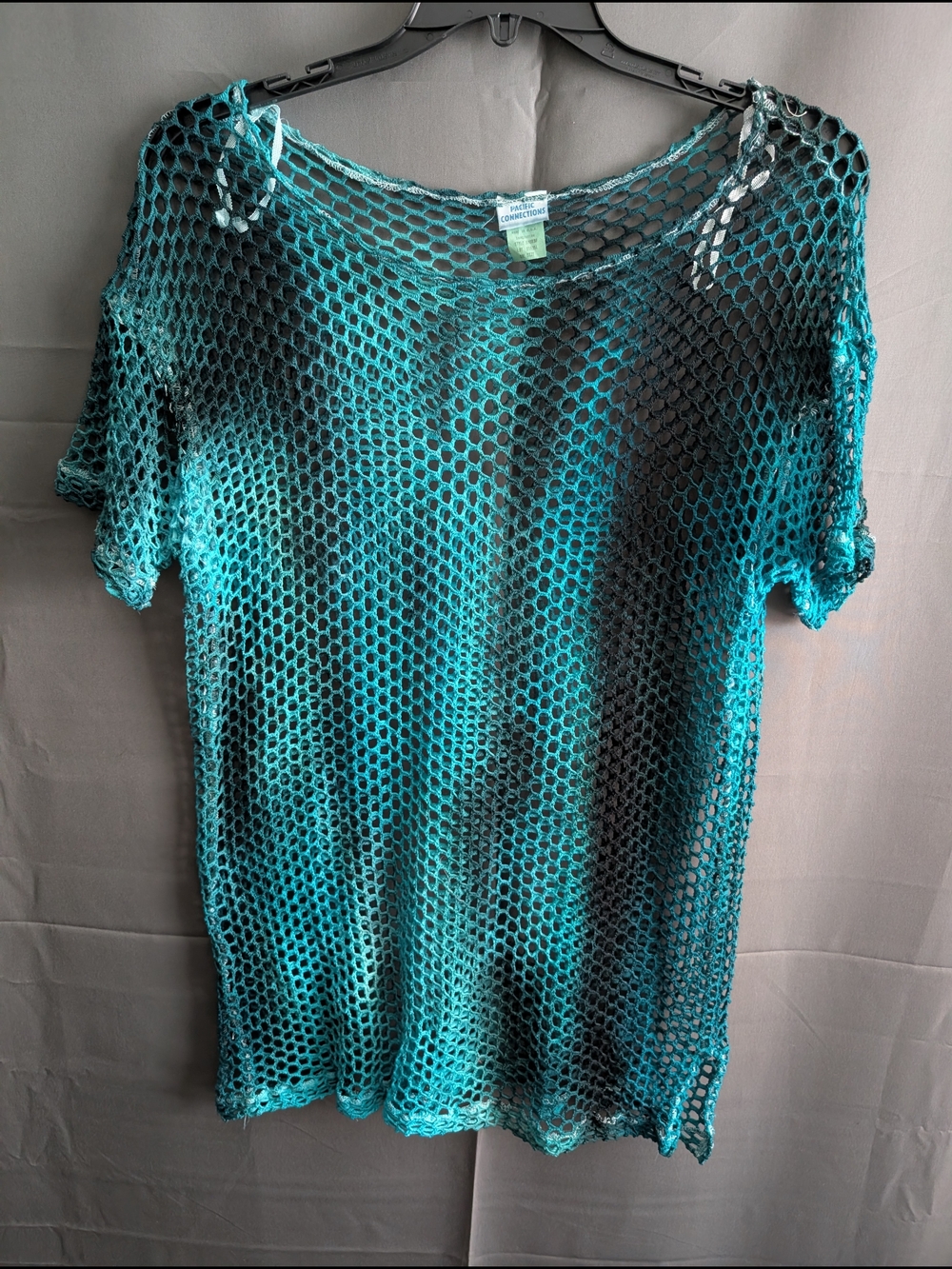 Vintage 90s Pacific Connections Open Mesh Fishnet Top Teal Black Dip Dyed OSFM